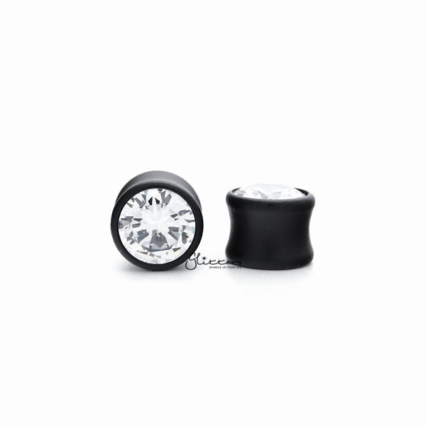 Cubic Zirconia Front Double Flared Ebony Wood Saddle Tunnel Plug-Body Piercing Jewellery, Cubic Zirconia, Plug, Tunnel-TL0057-Glitters