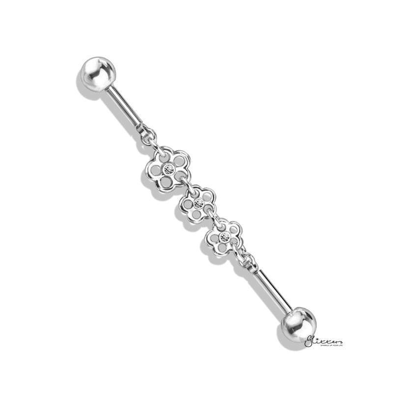 Triple Crystal Center Flower Chain Industrial Barbell - Silver-Body Piercing Jewellery, Cubic Zirconia, Industrial Barbell-TripleCrystalCenterFlowerChainIndustrialBarbell-S-Glitters
