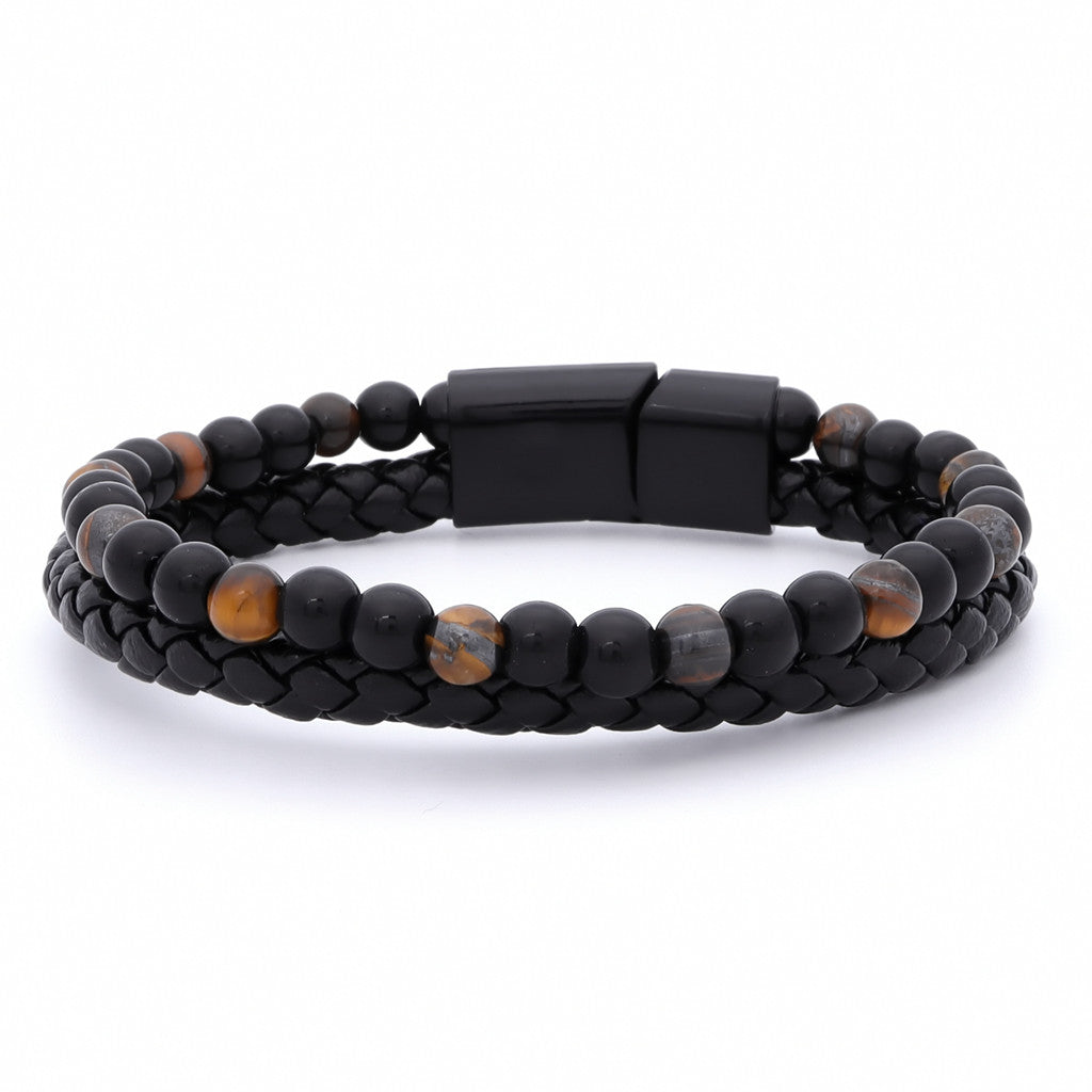 Tiger Eye Beads with Black Braided Leather Bracelet Glitters
