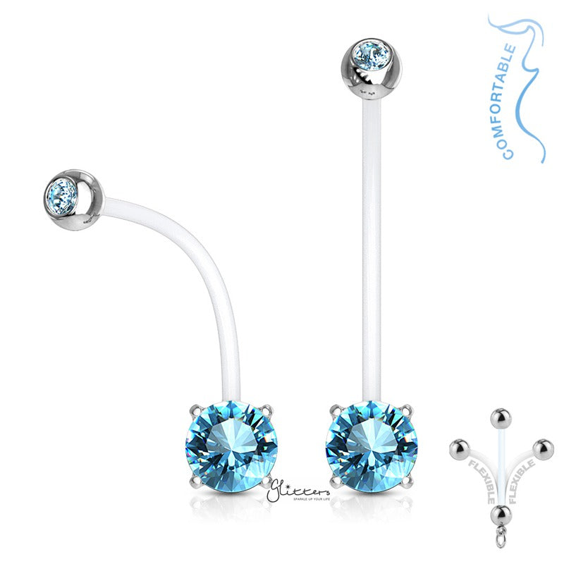 Double Jeweled Prong Set Round CZ Pregnancy Bioflex Belly Ring - Aqua-Belly Ring, Bio Flex, Body Piercing Jewellery, Cubic Zirconia, Pregnancy, Retainer-bj0220-Q-Glitters