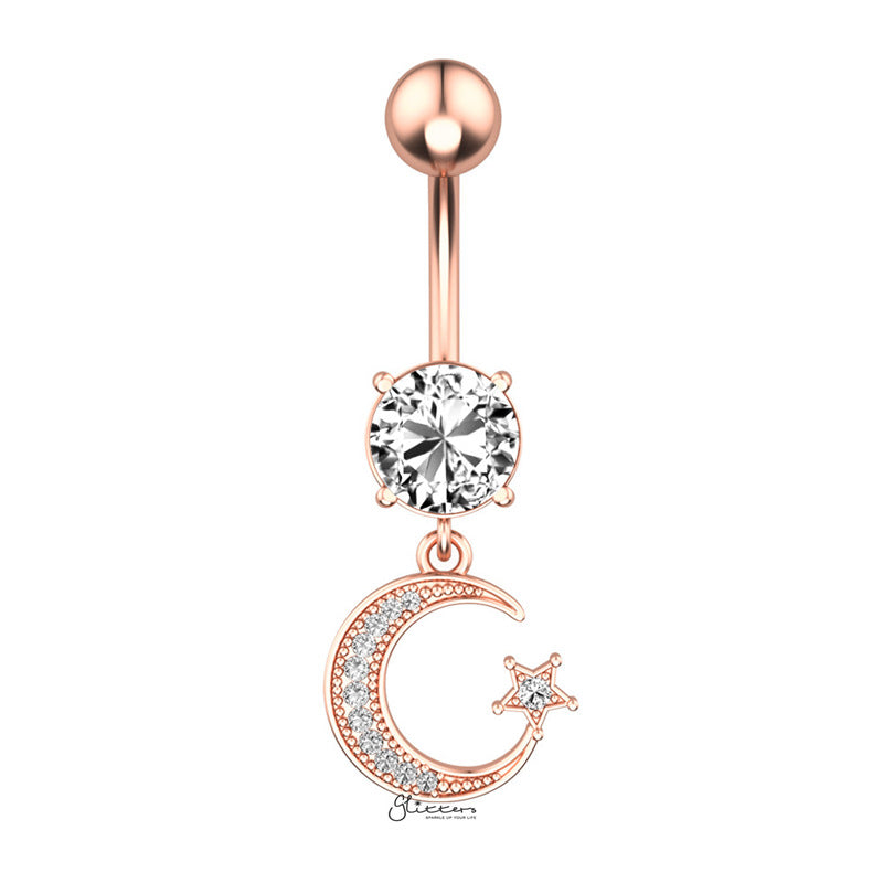 Moon and Star Dangle Belly Button Navel Ring - Rose Gold-Belly Ring, Body Piercing Jewellery, Cubic Zirconia-bj0351_1__1-Glitters