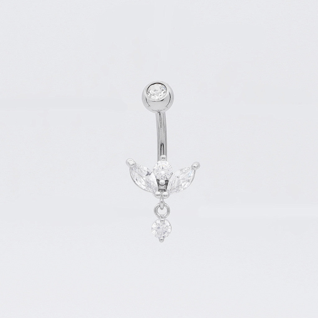 Marquise-Cut C.Z Sprout Belly Button Ring - Silver-Belly Ring, Body Piercing Jewellery, Cubic Zirconia, New-bj0364-s1_1-Glitters