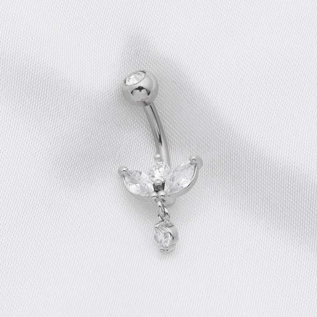 Marquise-Cut C.Z Sprout Belly Button Ring - Silver-Belly Ring, Body Piercing Jewellery, Cubic Zirconia, New-bj0364-s2_1-Glitters