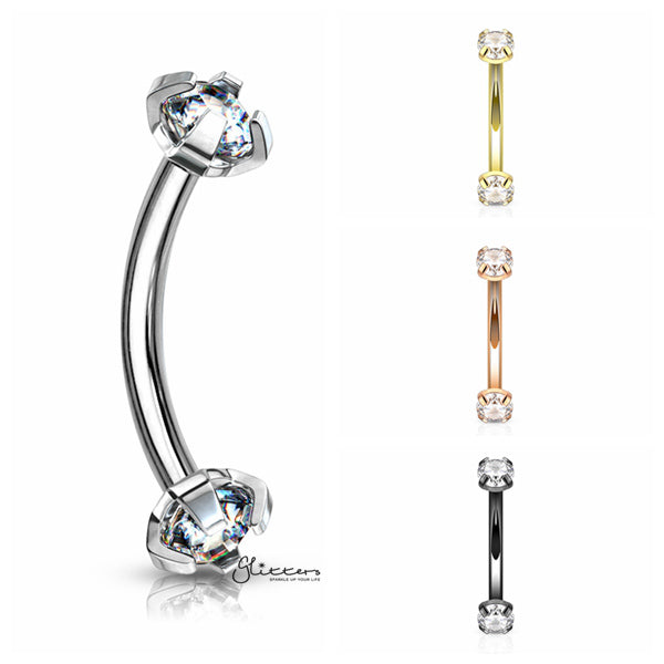 316L Surgical Steel Prong Set Clear CZ Internally Threaded Eyebrow Curve Rings-Body Piercing Jewellery, Cartilage, Cubic Zirconia, Eyebrow, Tragus-eb0013_01-Glitters