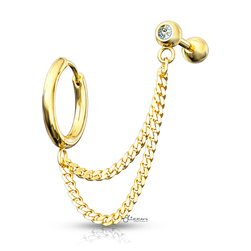 Hoop Earring and Double Chains Crystal Set Cartilage Barbell Gold