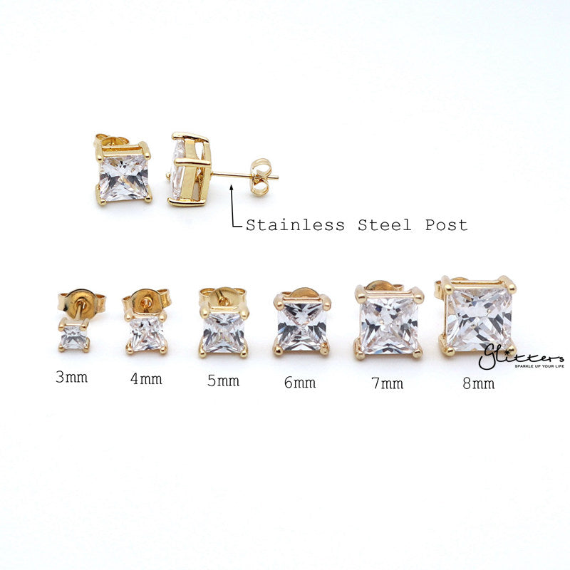 18k Gold Plated Clear Square C.Z Studs Earrings-Cubic Zirconia, earrings, Hip Hop Earrings, Iced Out, Jewellery, Men's Earrings, Men's Jewellery, Stud Earrings, Women's Earrings, Women's Jewellery-er0007-g_New_01-Glitters