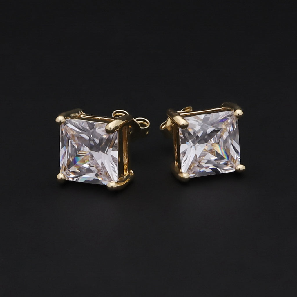 18k Gold Plated Clear Square C.Z Studs Earrings-Cubic Zirconia, earrings, Hip Hop Earrings, Iced Out, Jewellery, Men's Earrings, Men's Jewellery, Stud Earrings, Women's Earrings, Women's Jewellery-er0037-g_1-Glitters