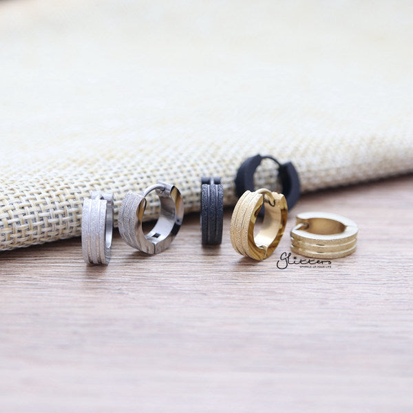 Stainless Steel Sand Sparkle Hinged Earrings with Grooves Lines Center - 4x9-earrings, Hoop Earrings, Huggie Earrings, Jewellery, Men's Earrings, Men's Jewellery, Stainless Steel, Women's Earrings, Women's Jewellery-er0122-02-1-Glitters