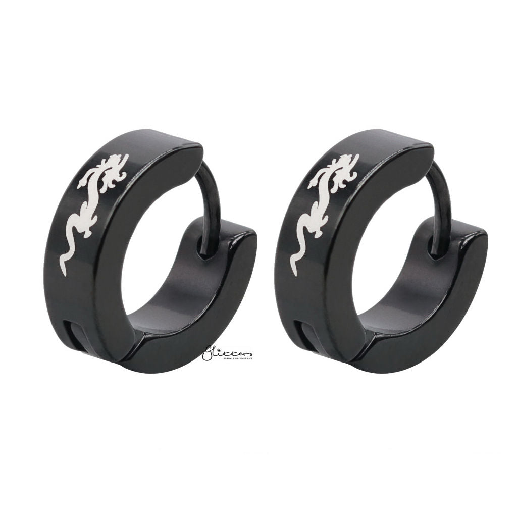Black Titanium Plated Dragon Huggie Hoop Men's Earring Glitters