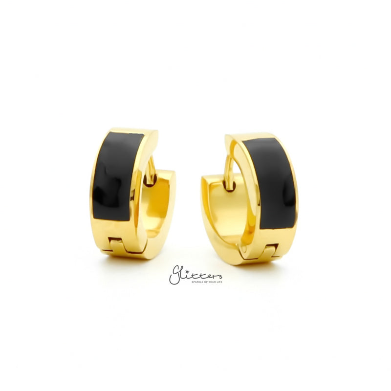Black Centre Stainless Steel Hinged Hoop Earrings Gold Glitters