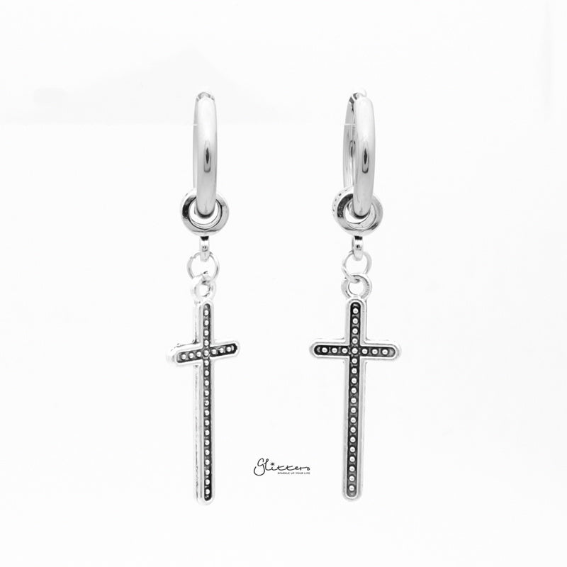 Stainless Steel Huggie Hoop Earrings with Cross Charm-earrings, Hoop Earrings, Huggie Earrings, Jewellery, Men's Earrings, Men's Jewellery, Stainless Steel, Women's Earrings-er1543-2_1-Glitters