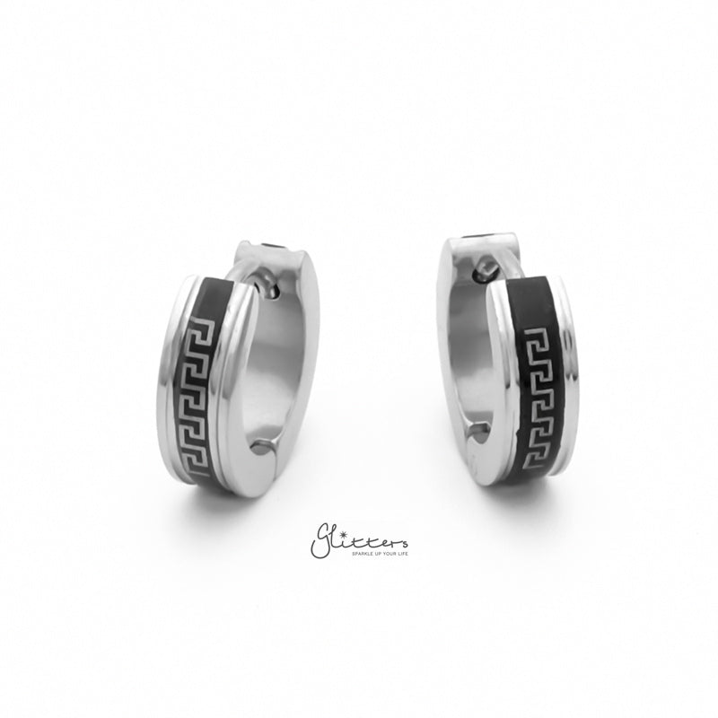 Greek Key Hinged Hoop Earrings with Black Center-earrings, Hoop Earrings, Huggie Earrings, Jewellery, Men's Earrings, Men's Jewellery, Stainless Steel-er1545-1_800-Glitters