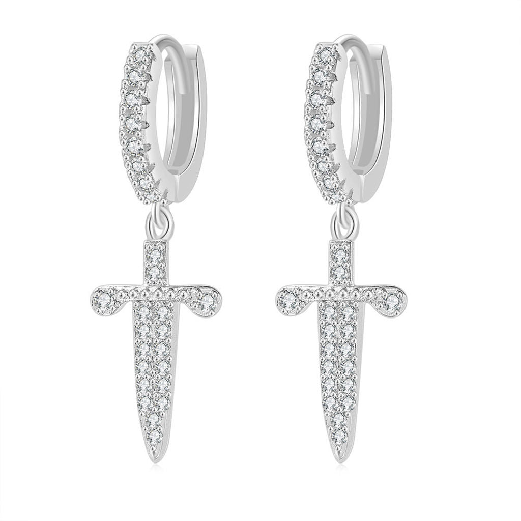 Dangle Sword One-Touch Huggie Hoop Earrings-Cubic Zirconia, earrings, Hip Hop Earrings, Hoop Earrings, Iced Out, Jewellery, Women's Earrings, Women's Jewellery-er1554-s-Glitters