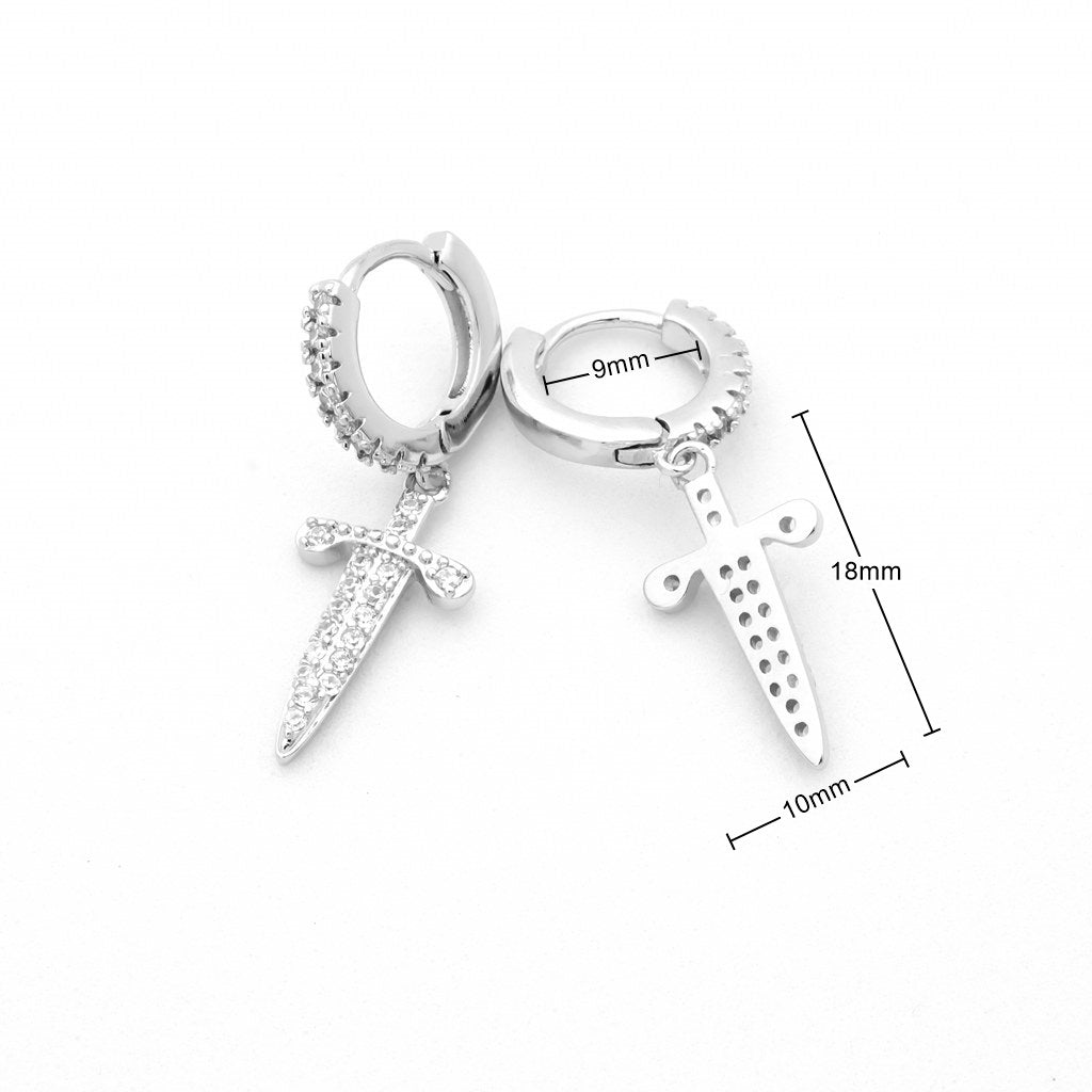 Dangle Sword One-Touch Huggie Hoop Earrings-Cubic Zirconia, earrings, Hip Hop Earrings, Hoop Earrings, Iced Out, Jewellery, Women's Earrings, Women's Jewellery-1_New-Glitters