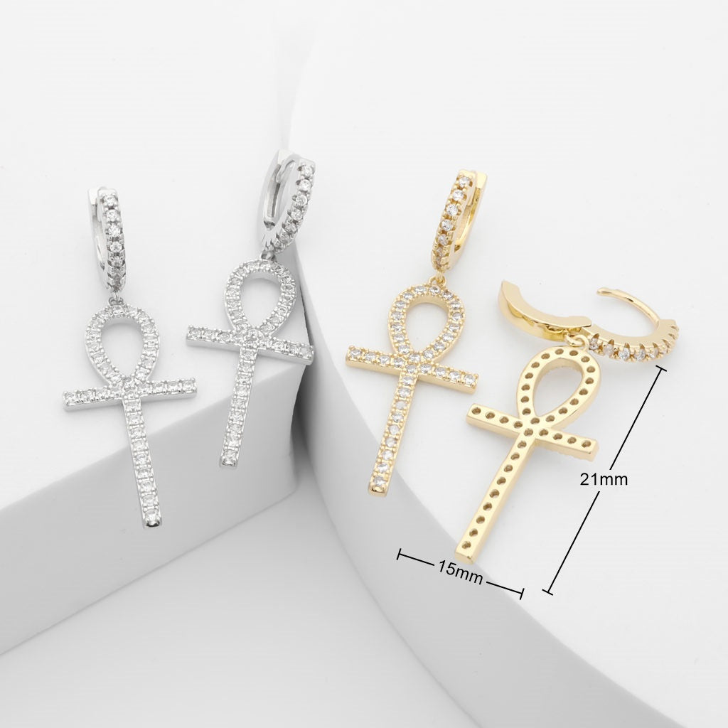 Dangle Ankh Cross One-Touch Huggie Hoop Earrings-Cubic Zirconia, earrings, Hip Hop Earrings, Hoop Earrings, Iced Out, Jewellery, Women's Earrings, Women's Jewellery-er1557-2_1_New-Glitters