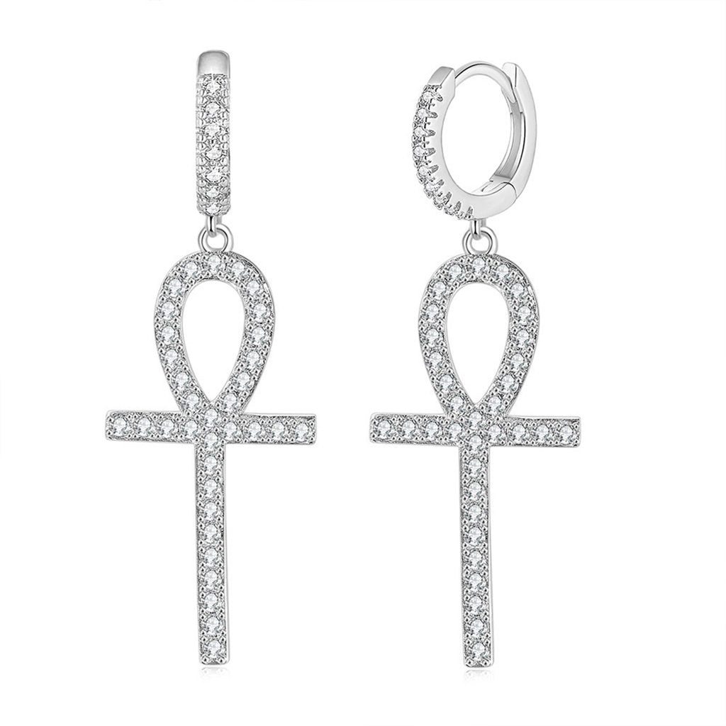 Dangle Ankh Cross One-Touch Huggie Hoop Earrings-Cubic Zirconia, earrings, Hip Hop Earrings, Hoop Earrings, Iced Out, Jewellery, Women's Earrings, Women's Jewellery-er1557-s-Glitters