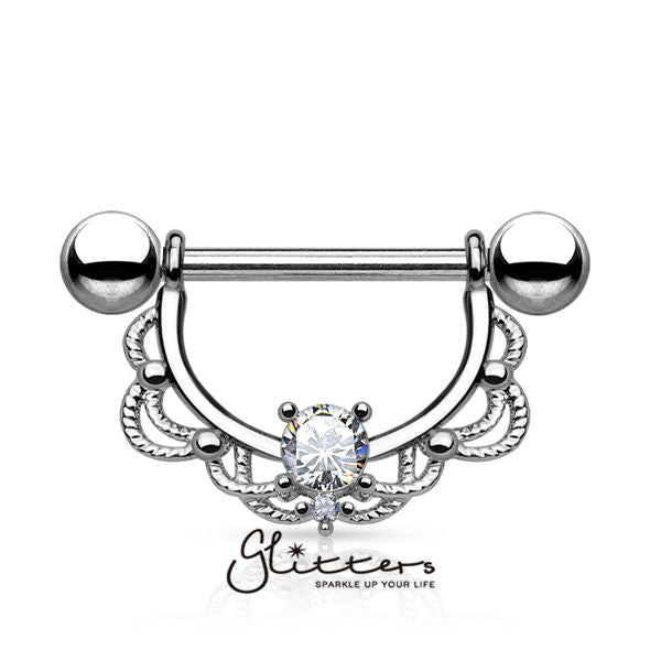 Glitters CZ Centered Filigree Drop Surgical Steel Nipple Rings