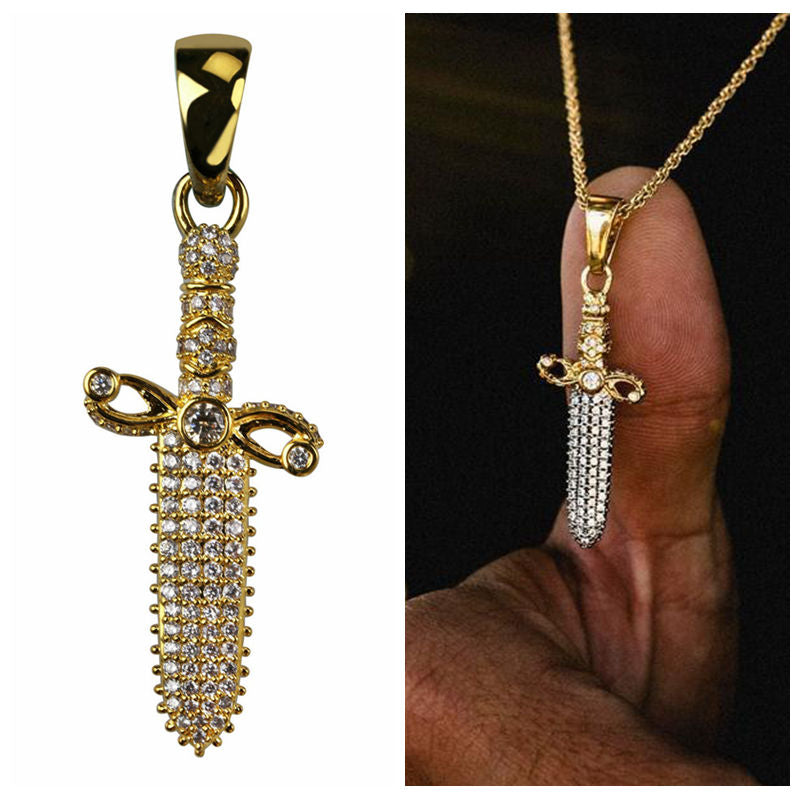 Iced Out Sword Pendant - Gold-Hip Hop, Hip Hop Pendant, Iced Out, Men's Necklace, Necklaces, Pendants-nk1082-G3-Glitters