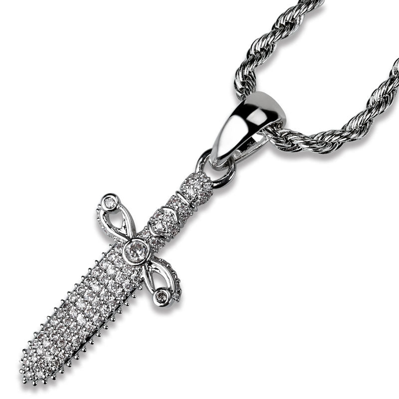 Iced Out Sword Pendant - Silver-Hip Hop, Hip Hop Pendant, Iced Out, Men's Necklace, Necklaces, Pendants-nk1082-S1-Glitters