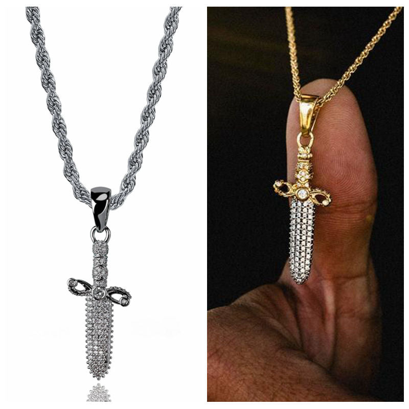 Iced Out Sword Pendant - Silver-Hip Hop, Hip Hop Pendant, Iced Out, Men's Necklace, Necklaces, Pendants-nk1082-s3-Glitters