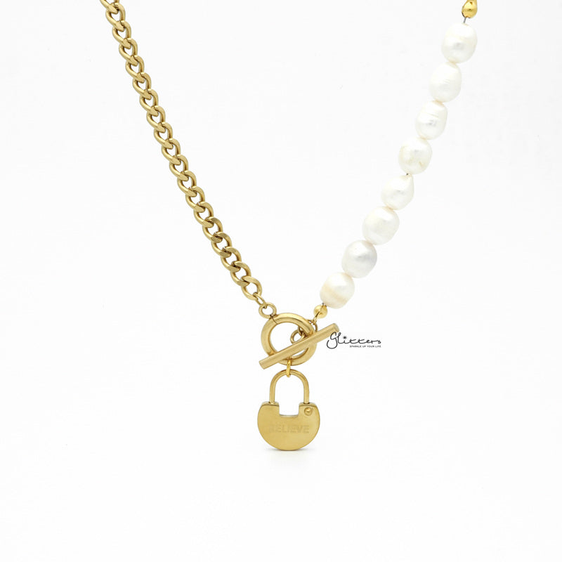 Freshwater Pearls with Stainless Steel Toggle Clasp Chain Necklace-Freshwater Pearl, Jewellery, Necklaces, Stainless Steel Chain, Women's Jewellery, Women's Necklace-nk1090-1_1-Glitters