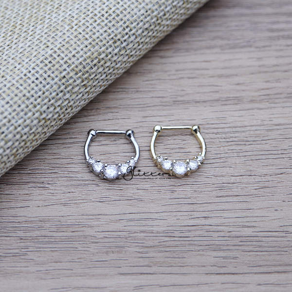 316L Surgical Steel with 5 Clear C.Z Septum Clicker Rings-Body Piercing Jewellery, Cubic Zirconia, Nose, Septum Ring-ns0088-all-Glitters