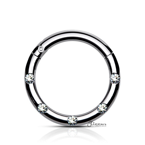 Surgical Steel Hinged Segment Hoop Ring with 5 Crystals - Silver-Body Piercing Jewellery, Cartilage, Crystal, Daith, Nose, Septum Ring-ns0104-s1_01-Glitters