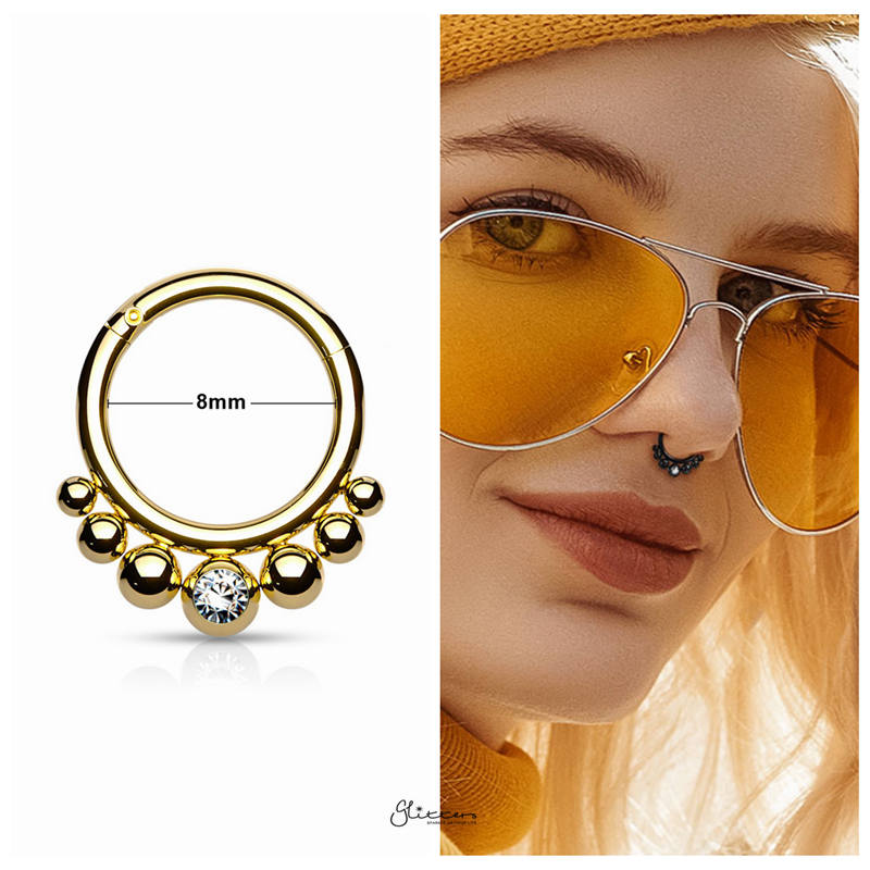 Graduated Balls and Bezel Set Crystal Center Segment Hoop Ring - Gold-Body Piercing Jewellery, Cartilage, Crystal, Daith, Nose, Septum Ring-1-Glitters
