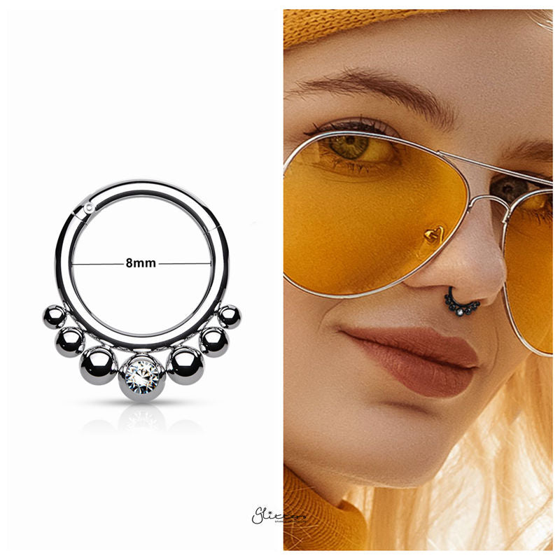 Graduated Balls and Bezel Set Crystal Center Segment Hoop Ring - Silver-Body Piercing Jewellery, Cartilage, Crystal, Daith, Nose, Septum Ring-1-Glitters