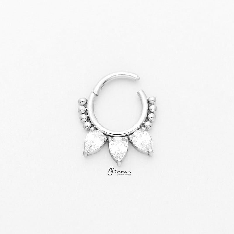 Pear CZ Hinged Segment Hoop Ring - Silver-Body Piercing Jewellery, Cartilage, Cubic Zirconia, Daith, Septum Ring-ns0114-s2_800-Glitters