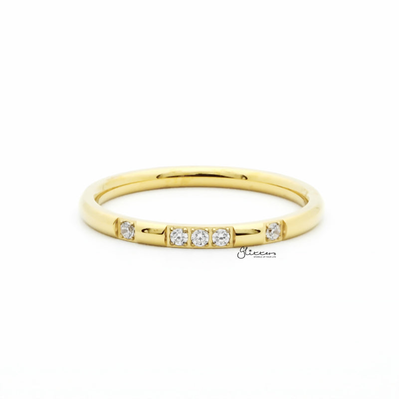 Stainless Steel 5 CZ Inlay Band Ring - Gold-Cubic Zirconia, Jewellery, Rings, Stainless Steel, Stainless Steel Rings, Women's Jewellery, Women's Rings-rg0145-1_1-Glitters