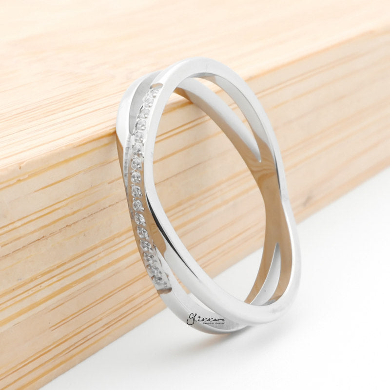 Stainless Steel Criss Cross X Ring - Silver-Cubic Zirconia, Jewellery, Rings, Stainless Steel, Stainless Steel Rings, Women's Jewellery, Women's Rings-rg0150-2-Glitters