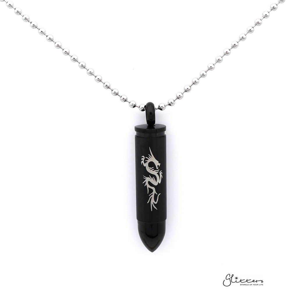 Stainless Steel Openable Bullet Pendant with Dragon Pattern - Keepsake | Memorial-Jewellery, Men's Jewellery, Men's Necklace, Necklaces, Pendants, Stainless Steel, Stainless Steel Pendant-sp0245_1000-Glitters