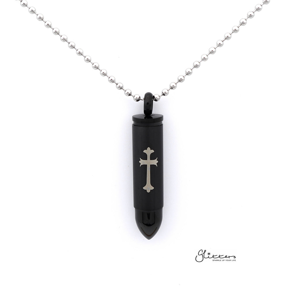 Stainless Steel Openable Bullet Pendant with Cross Pattern - Keepsake | Memorial-Jewellery, Men's Jewellery, Men's Necklace, Necklaces, Pendants, Stainless Steel, Stainless Steel Pendant-sp0246_1000-01-Glitters