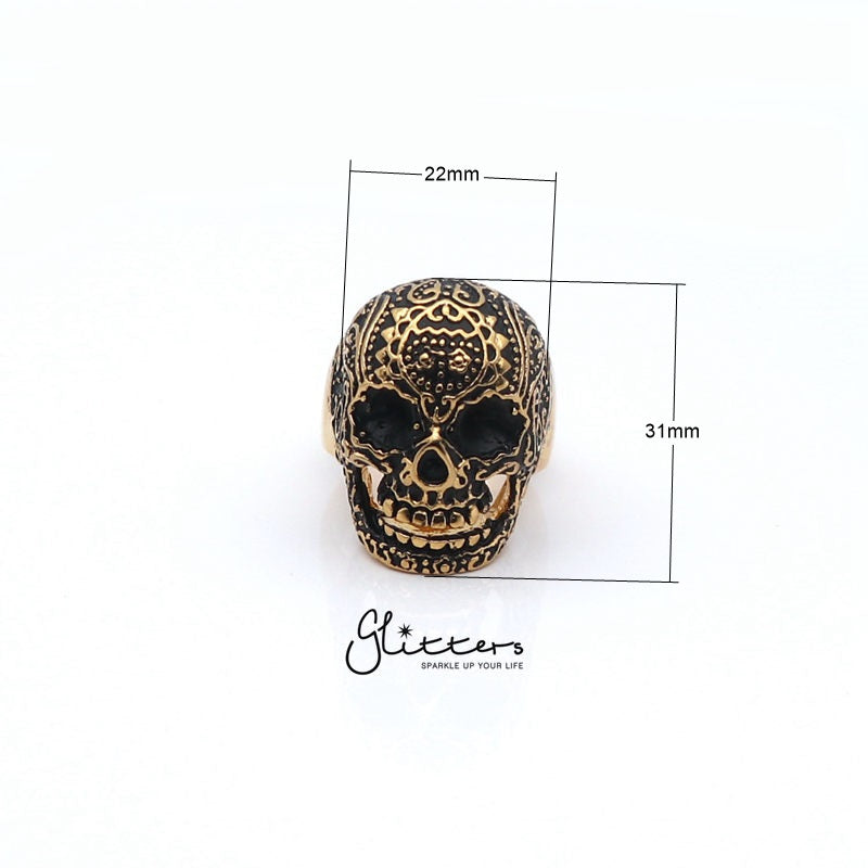 Gold IP Stainless Steel Day of the Dead Skull Cast Ring-Jewellery, Men's Jewellery, Men's Rings, Rings, Stainless Steel, Stainless Steel Rings-sr0204_1__New-Glitters