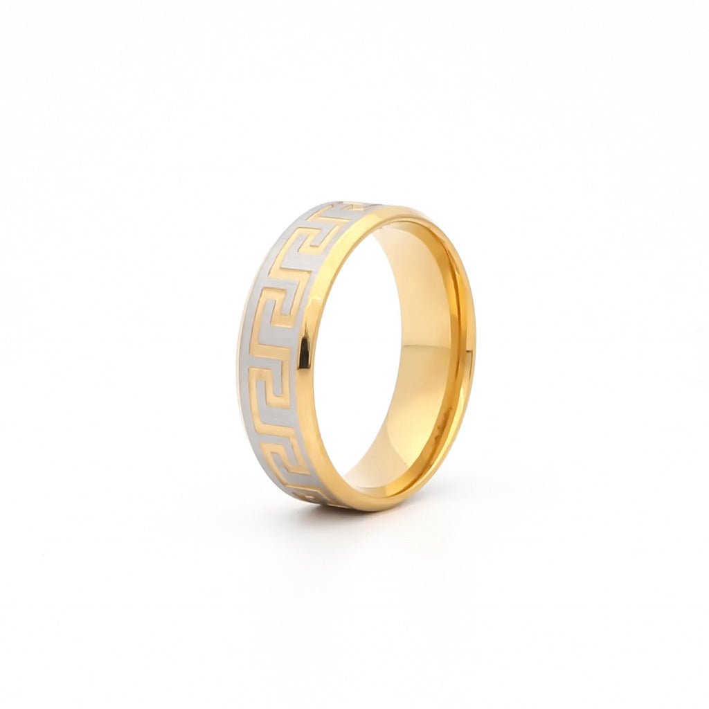 8mm Wide Stainless Steel Two-Tone Greek Key Accented Matt Finish Ring-Jewellery, Men's Jewellery, Men's Rings, Rings, Stainless Steel, Stainless Steel Rings-sr0213-1_1-Glitters