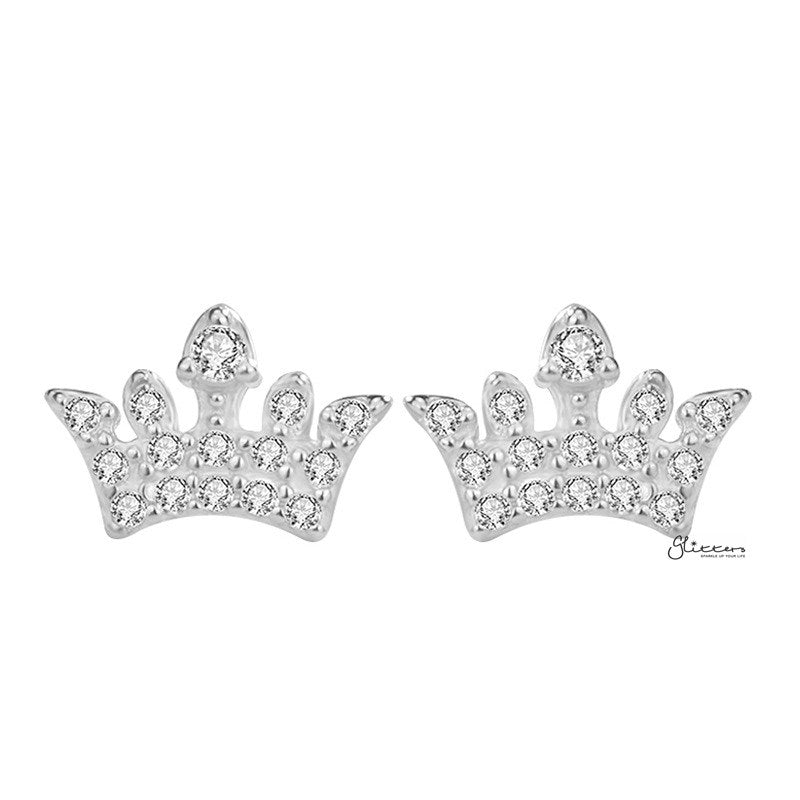 Sterling Silver CZ Paved Crown Stud Earrings - Silver-Cubic Zirconia, earrings, Jewellery, Stud Earrings, Women's Earrings, Women's Jewellery-sse0079_1-Glitters