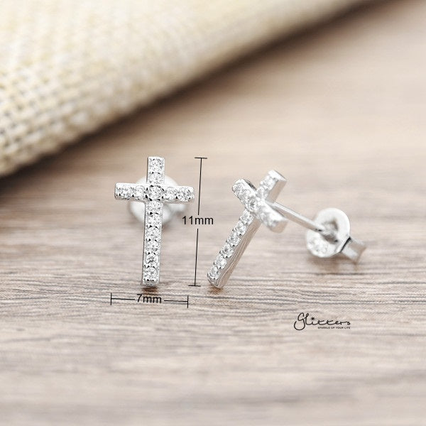 Sterling Silver C.Z Paved Cross Stud Earrings-Cubic Zirconia, earrings, Jewellery, Stud Earrings, Women's Earrings, Women's Jewellery-sse0170-02_600_New_1c605509-fb17-446d-b91f-bc85d344e44d-Glitters