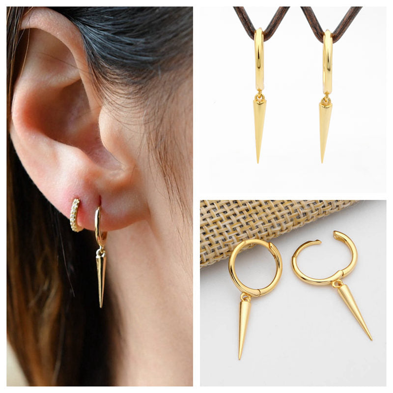 Sterling Silver Dangle Spike One-Touch Hoop Earrings - Gold-earrings, Hoop Earrings, Jewellery, Women's Earrings, Women's Jewellery-sse0349-m_800_2-Glitters