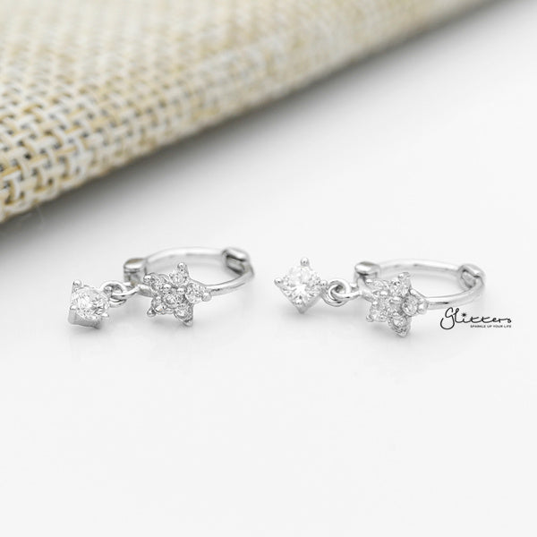 Sterling Silver C.Z Flower Hoop Earrings with Dangle Prong Set C.Z - Silver-Cubic Zirconia, earrings, Hoop Earrings, Jewellery, Women's Earrings, Women's Jewellery-sse0390-s_600-Glitters