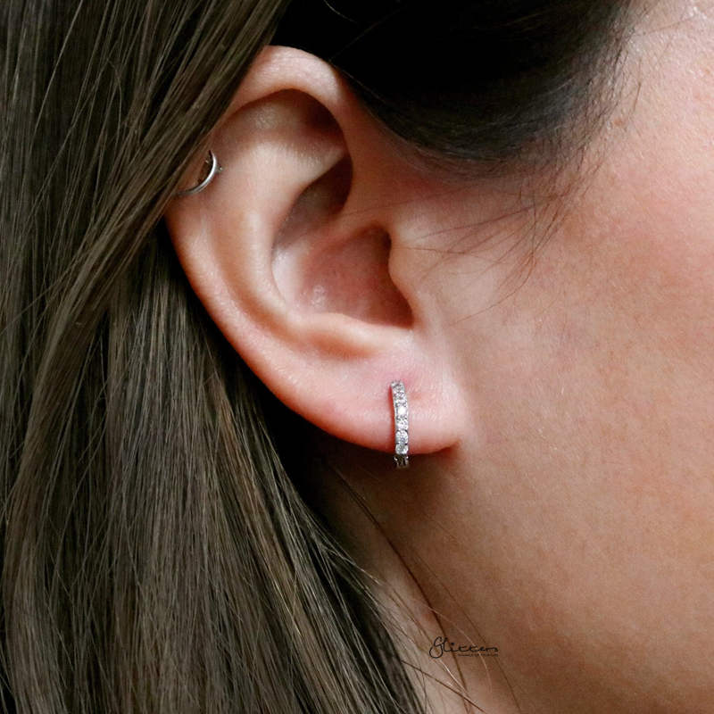 Sterling Silver C.Z Paved One-Touch Huggie Hoop Earrings - Gold-Cubic Zirconia, earrings, Hoop Earrings, Jewellery, Women's Earrings, Women's Jewellery-sse0396-m_162c7f02-06b5-4c75-949d-bfd6bbdb7bc4-Glitters