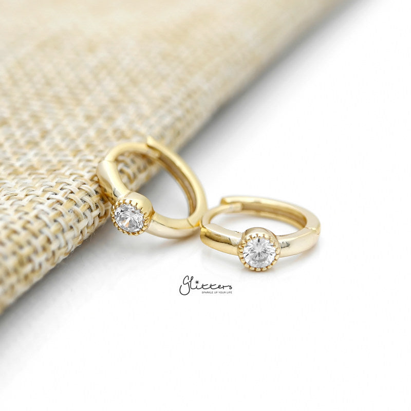 Round C.Z Centred Sterling Silver One-Touch Huggie Hoop Earring - Gold-Cubic Zirconia, earrings, Hoop Earrings, Jewellery, Women's Earrings, Women's Jewellery-sse0397-g-1_800-Glitters