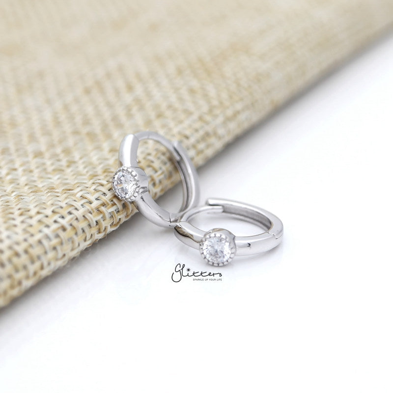Round C.Z Centred Sterling Silver One-Touch Huggie Hoop Earring - Silver-Cubic Zirconia, earrings, Hoop Earrings, Jewellery, Women's Earrings, Women's Jewellery-sse0397-s-1_800-Glitters