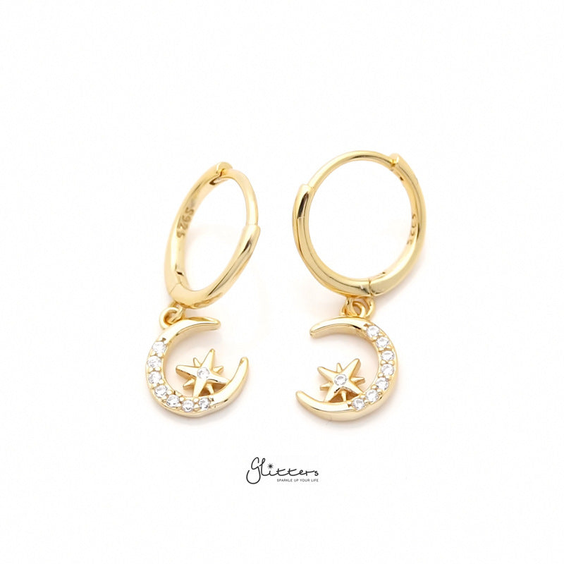 Sterling Silver Huggie Hoop Earrings with Dangle C.Z Moon and Star - Gold-Cubic Zirconia, earrings, Hoop Earrings, Jewellery, Women's Earrings, Women's Jewellery-sse0400-g-1_800-Glitters