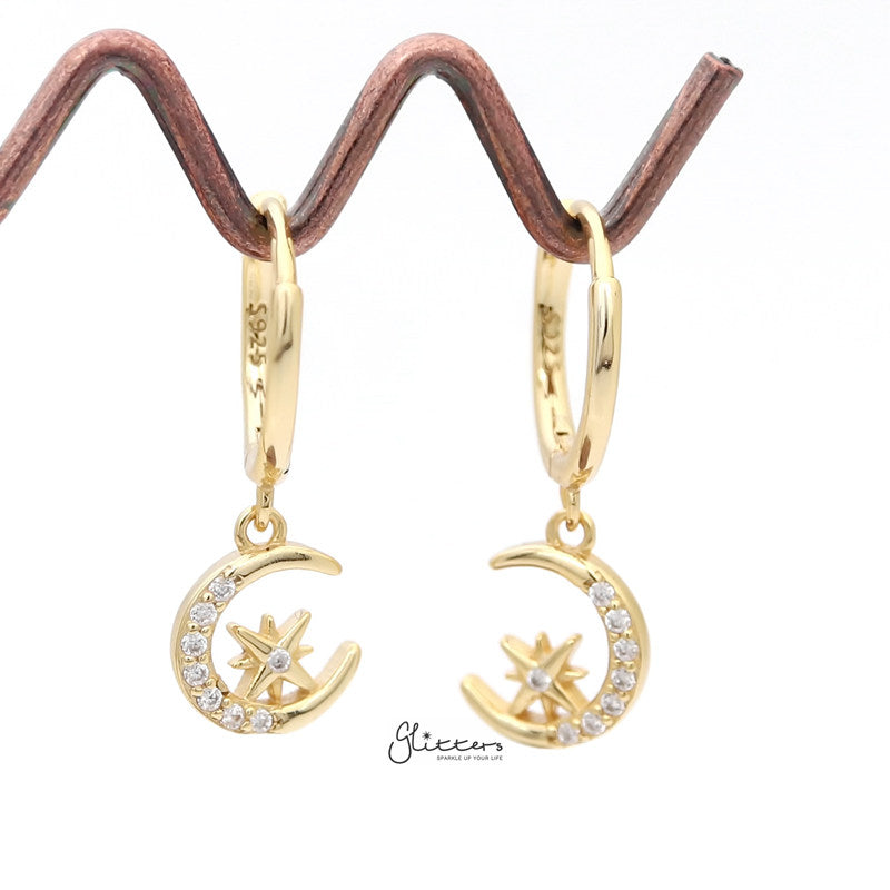 Sterling Silver Huggie Hoop Earrings with Dangle C.Z Moon and Star - Gold-Cubic Zirconia, earrings, Hoop Earrings, Jewellery, Women's Earrings, Women's Jewellery-sse0400-g-2_800-Glitters