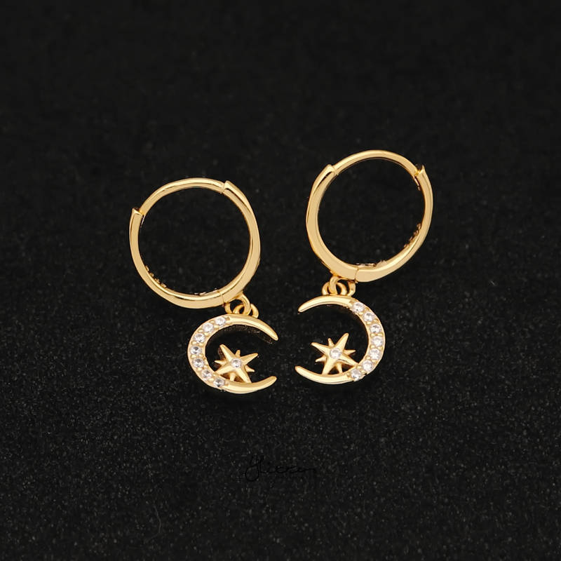 Sterling Silver Huggie Hoop Earrings with Dangle C.Z Moon and Star - Gold-Cubic Zirconia, earrings, Hoop Earrings, Jewellery, Women's Earrings, Women's Jewellery-sse0400-g-3_800-Glitters