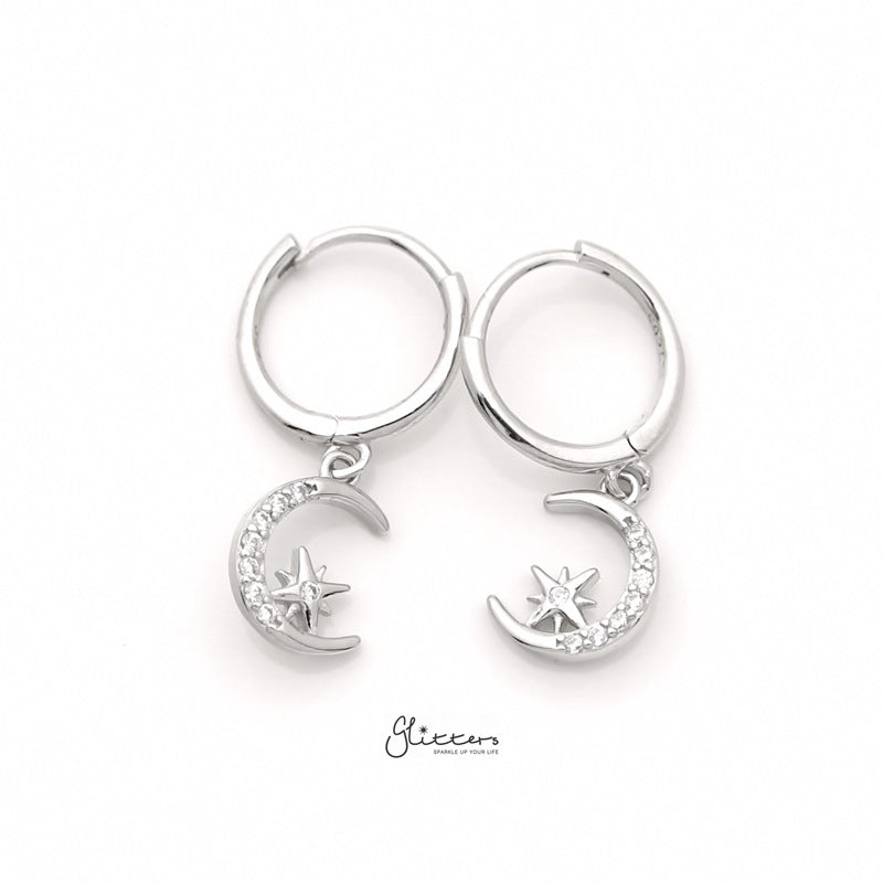 Sterling Silver Huggie Hoop Earrings with Dangle C.Z Moon and Star - Silver-Cubic Zirconia, earrings, Hoop Earrings, Jewellery, Women's Earrings, Women's Jewellery-sse0400-s-1_800-Glitters