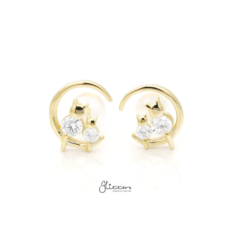 Sterling Silver Crescent Moon with CZ Cats Stud Earrings - Gold-Cubic Zirconia, earrings, Jewellery, Stud Earrings, Women's Earrings, Women's Jewellery-sse0404-g-1_800-Glitters