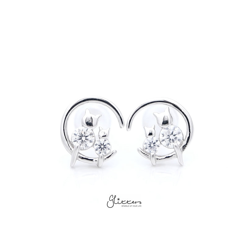 Sterling Silver Crescent Moon with CZ Cats Stud Earrings - Silver-Cubic Zirconia, earrings, Jewellery, Stud Earrings, Women's Earrings, Women's Jewellery-sse0404-s-1_800-Glitters