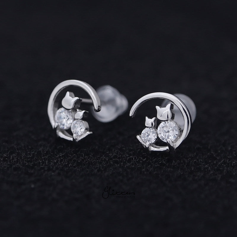 Sterling Silver Crescent Moon with CZ Cats Stud Earrings - Silver-Cubic Zirconia, earrings, Jewellery, Stud Earrings, Women's Earrings, Women's Jewellery-sse0404-s-3_800-Glitters